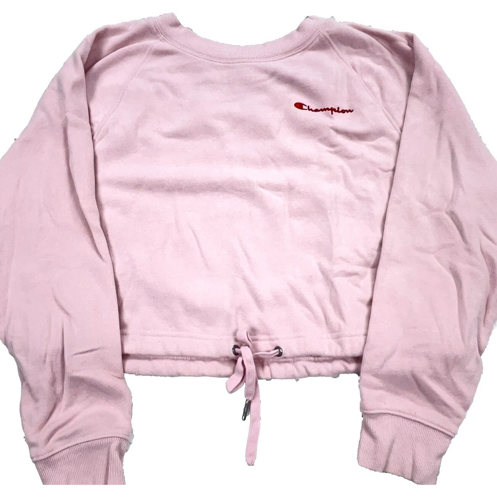 Champion Sweatshirt Women Medium Pink Crew Neck Sweater Crop Top Spell Out Logo